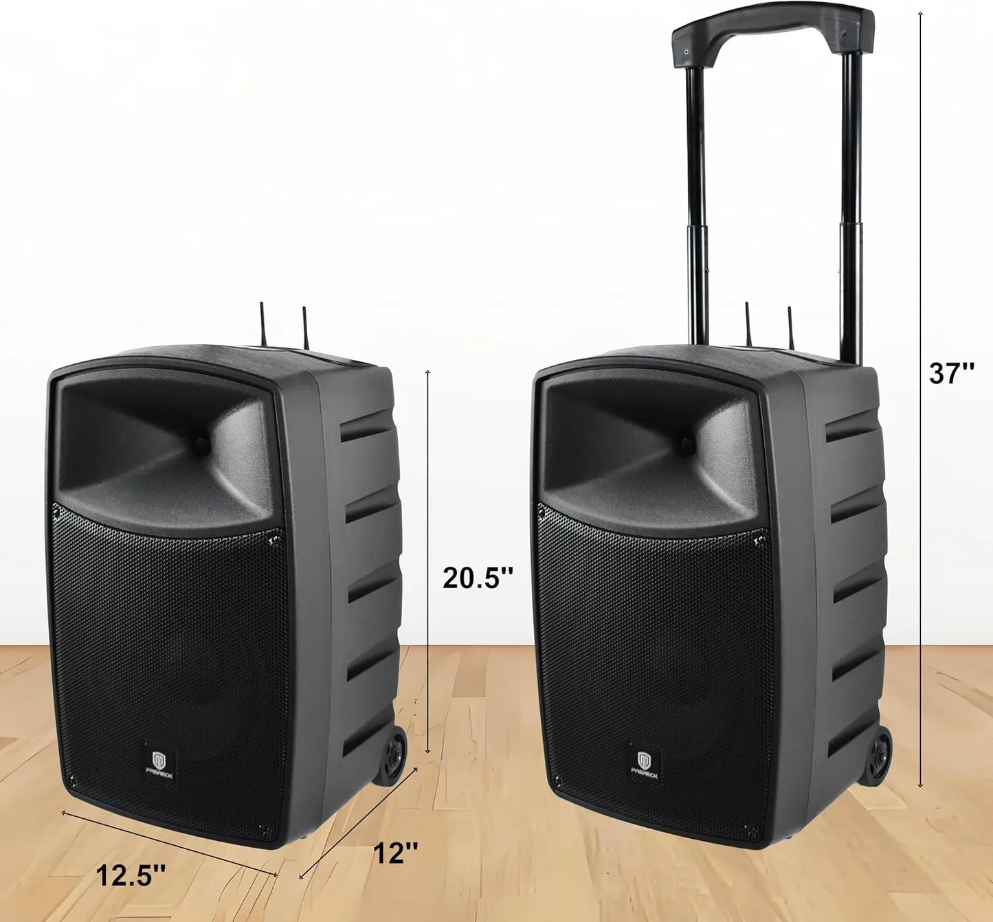 PRORECK 800W 10'' Portable Powered Bluetooth Wireless PA Speaker with 2 Wireless Microphones, Remote Control, Handle and Wheels,