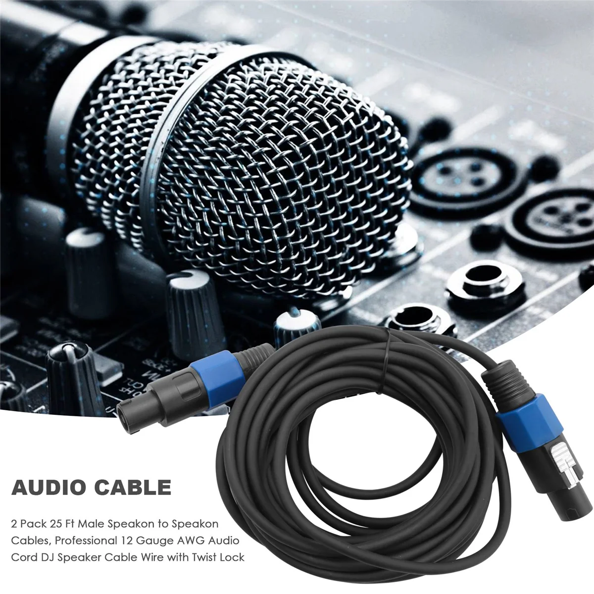 A42F 2 Pack 25 Ft Male Speakon to Speakon Cables, Professional 12 Gauge AWG Audio Cord DJ Speaker Cable Wire with Twist Lock