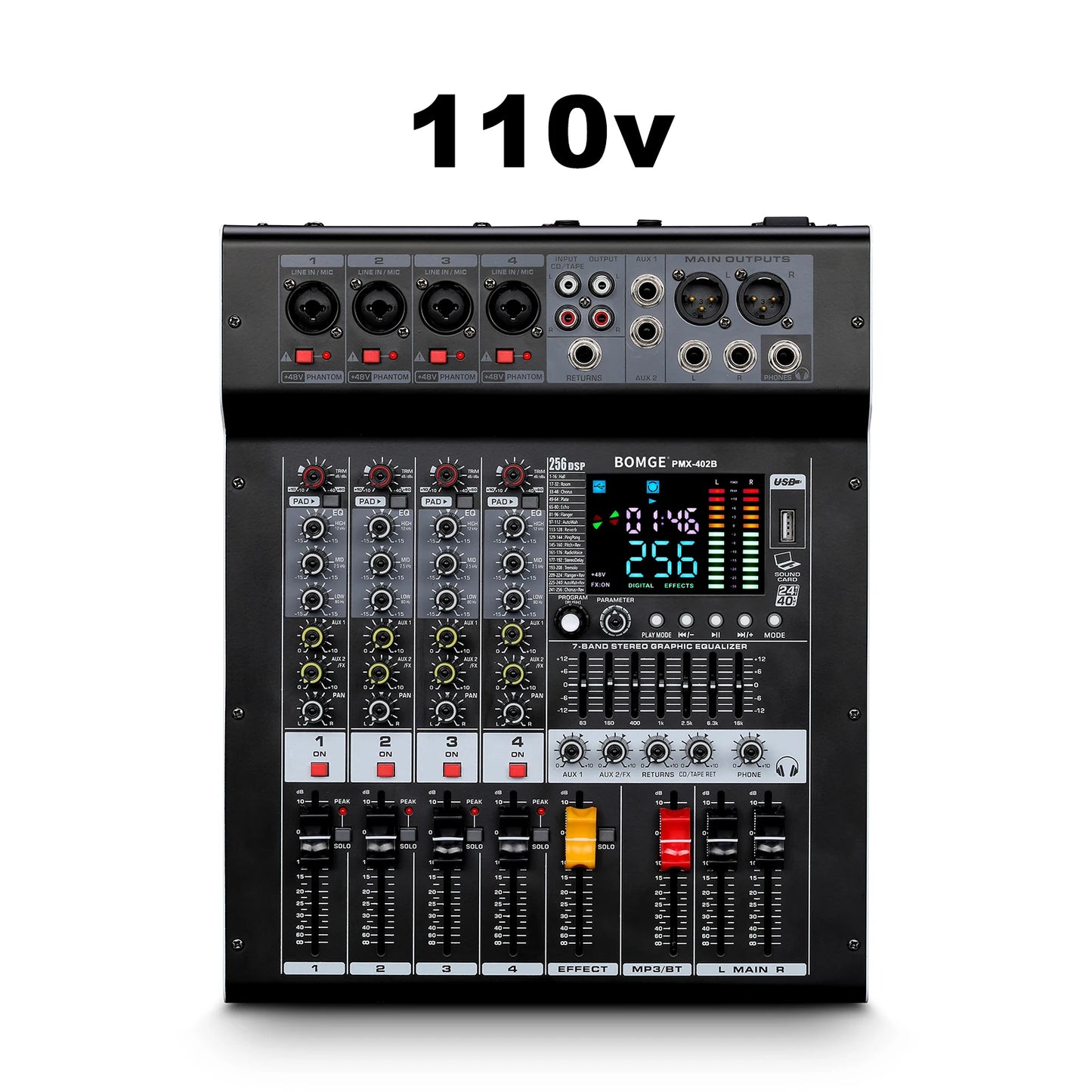 Professional Audio Mixer BOMGE PMX-402B 4-Channel DJ Mixer System Interface 256 Reverb Effects with Amplifier,Bluetooth Function