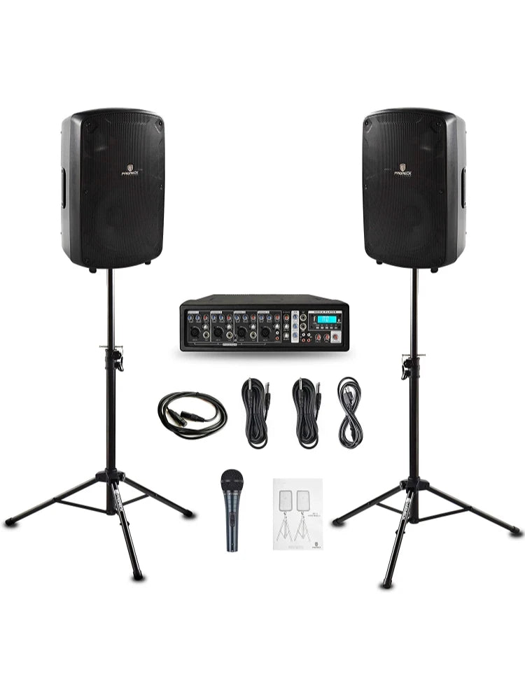 PRORECK MX10 1600W 6-channel Powered Bluetooth Mixer with 10inch Passive Speakers PA System Mixer/Amp/Stands/Mic