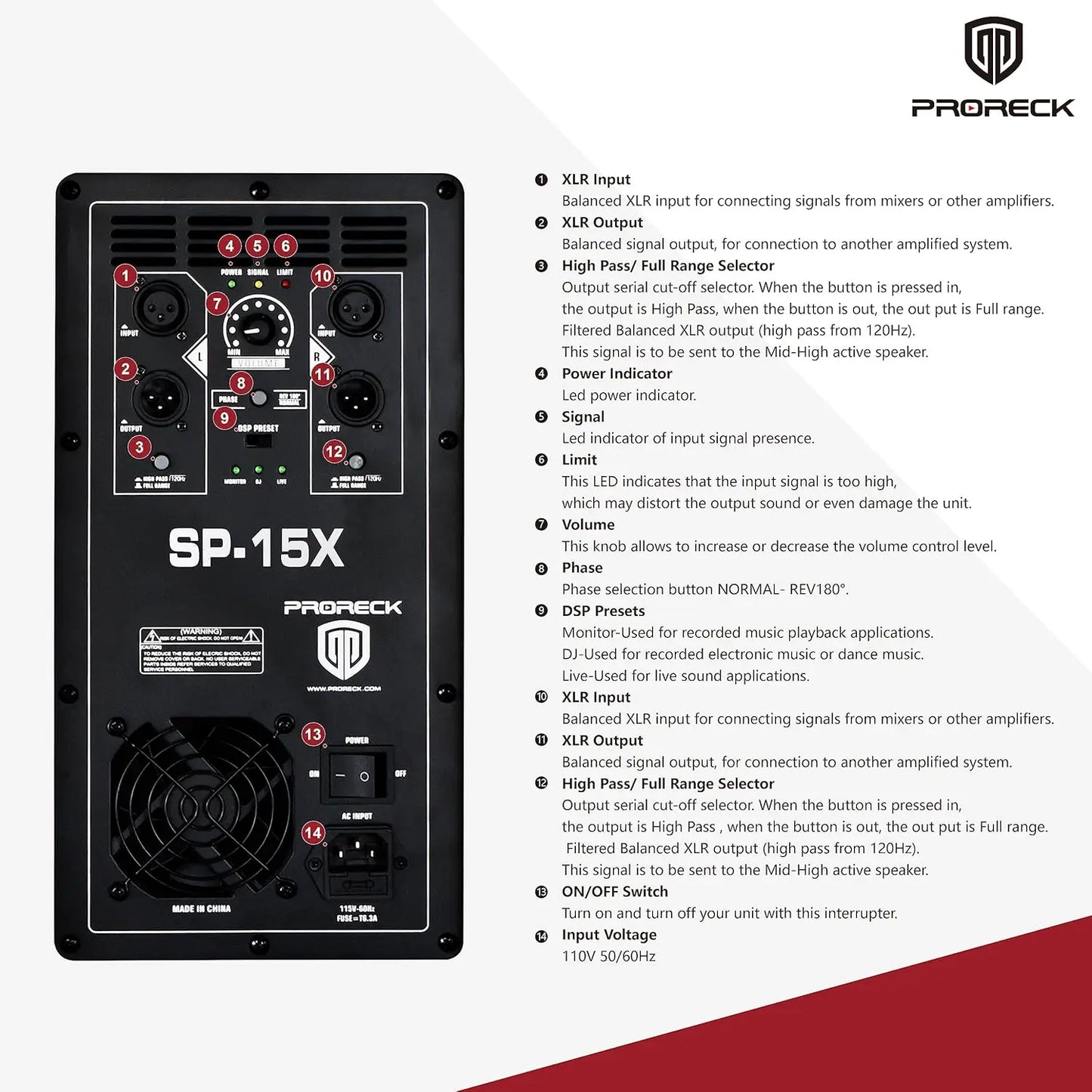 PRORECK SP-15X Active Powered PA Subwoofer 15 Inch 2000W PMPO Class-D Amplifier 3 DSP Presets Bass Reinforcement(ONE SUBWOOFER）
