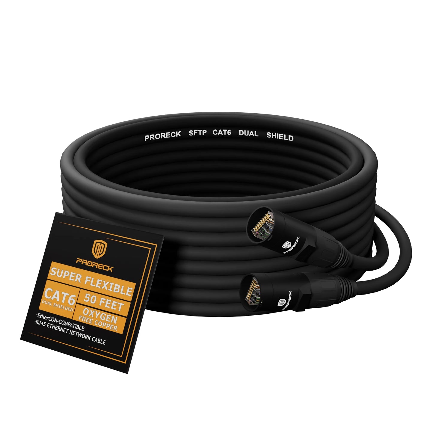 PRORECK SFTP CAT6 Dual Shielded Ethernet Cable with EtherCON RJ45 Connectors, High-Speed, Ideal for Pro Sound Systems