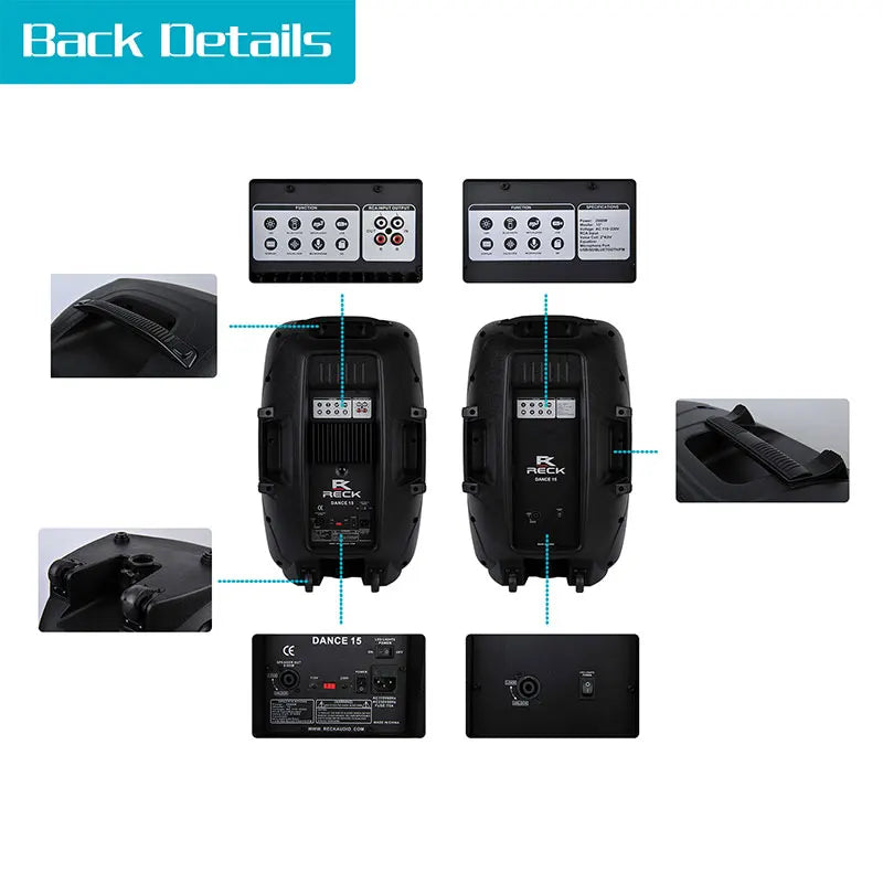 Proreck Dance 15 Portable 15-Inch 2000 Watt 2-Way Powered PA Speaker System Combo Set with Bluetooth/USB/SD Card Reader/FM Radio