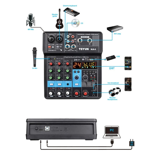 Bluetooth Sem Fio De Usb Do Console De Mistura Do Som Do Misturador Com Placa TEYUN NA4 4 Channel Mini Audio Mixer Sound Card