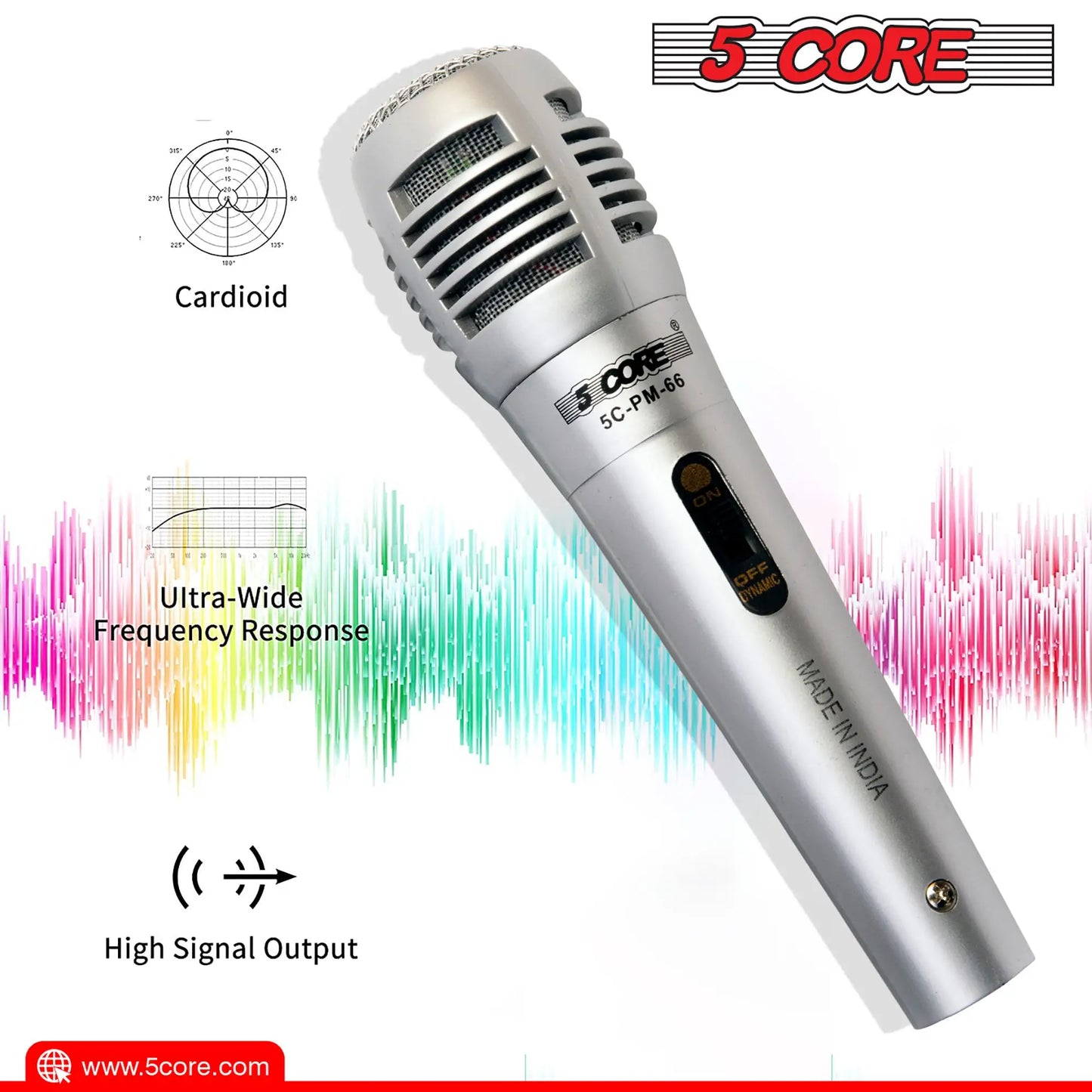 5 CORE Microphone Dynamic Vocal Handheld Mic Cardioid Unidirectional Microfono w On Off Switch + XLR Audio Cable for Singing