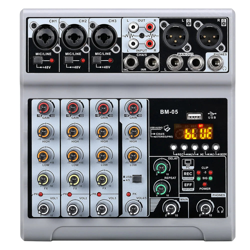 for BM-05 Mini 5 Channel Audio Mixer DJ Controller Mixer De Audio Profecional Mixing Console with USB Bluetooth for Studio