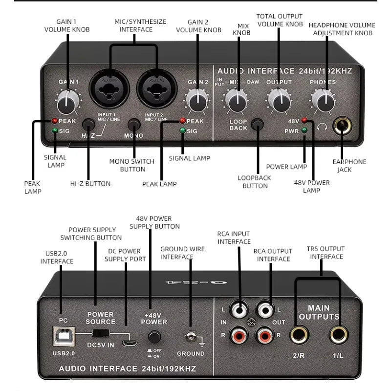 interfaz de audio 2 in 2 out USB audio interface professional sound card With Monitor Mixing Console Studio Recording Mixer