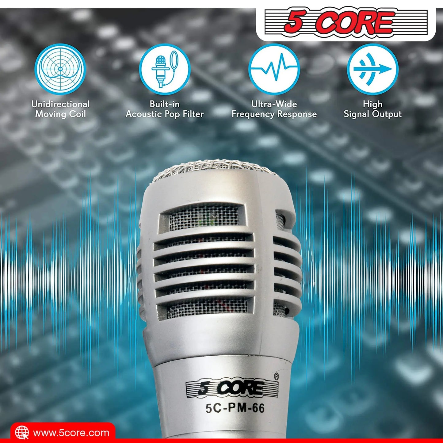 5 CORE Microphone Dynamic Vocal Handheld Mic Cardioid Unidirectional Microfono w On Off Switch + XLR Audio Cable for Singing