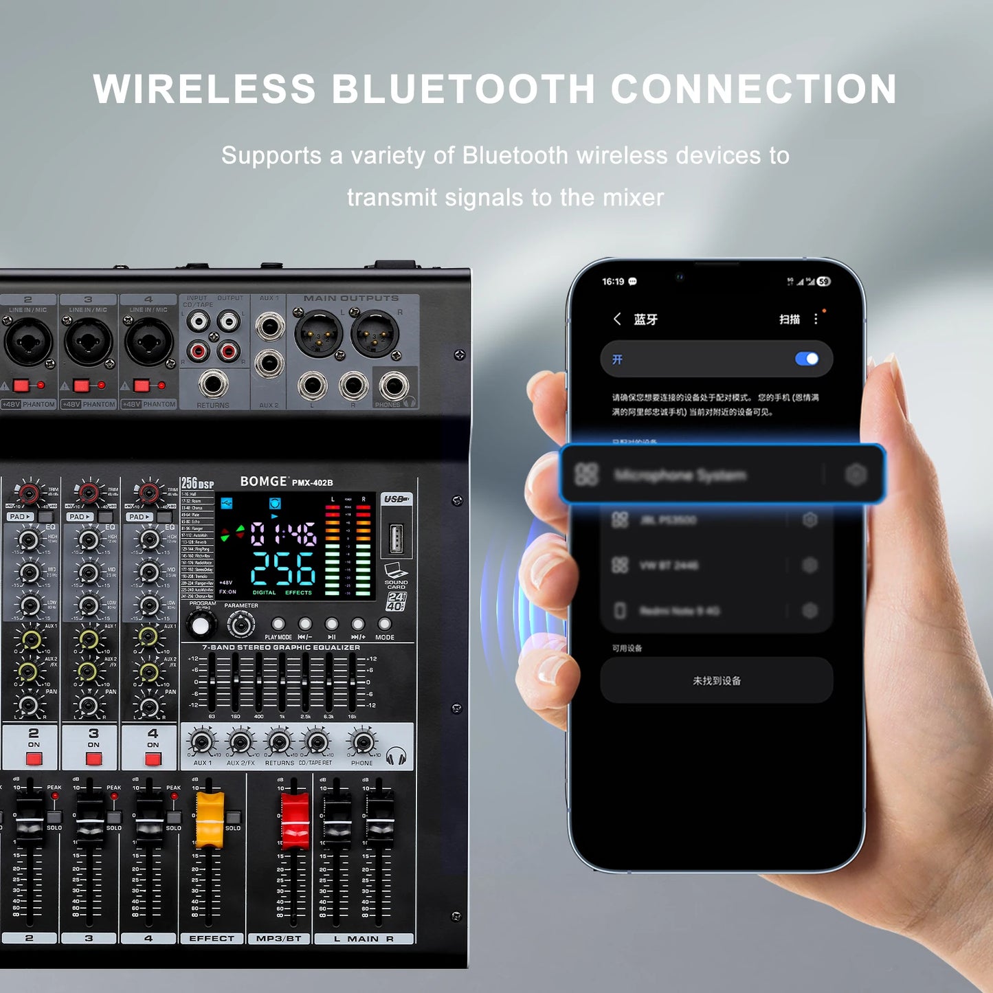 Professional Audio Mixer BOMGE PMX-402B 4-Channel DJ Mixer System Interface 256 Reverb Effects with Amplifier,Bluetooth Function