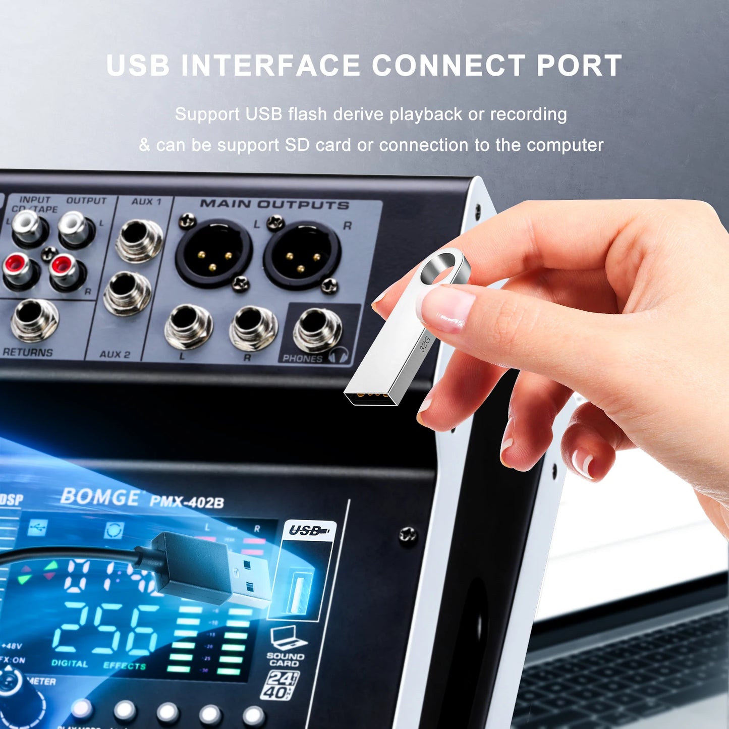 Professional Audio Mixer BOMGE PMX-402B 4-Channel DJ Mixer System Interface 256 Reverb Effects with Amplifier,Bluetooth Function