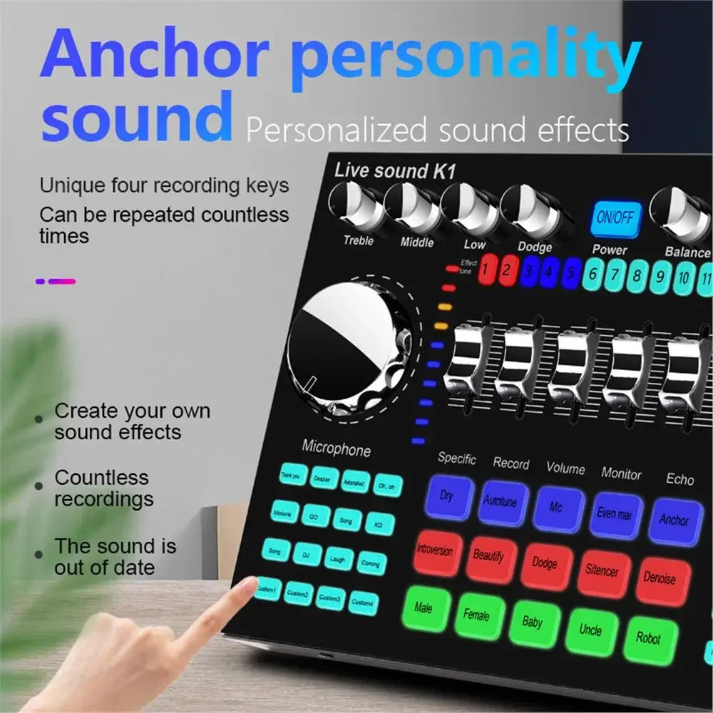 K1 Live Sound Card Voice Changer Pro Audio Mixer Portable Internet Celebrity Live Broadcast for KTV Music Recording Karaoke Sing