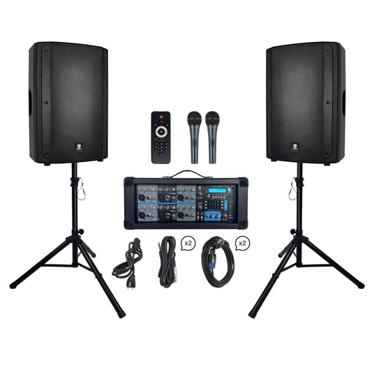PRORECK Delta 156 2000W Bluetooth PA Speaker System with 8-Channel Powered Mixer, 2 15-Inch Passive Speakers, Stands for DJ BAND