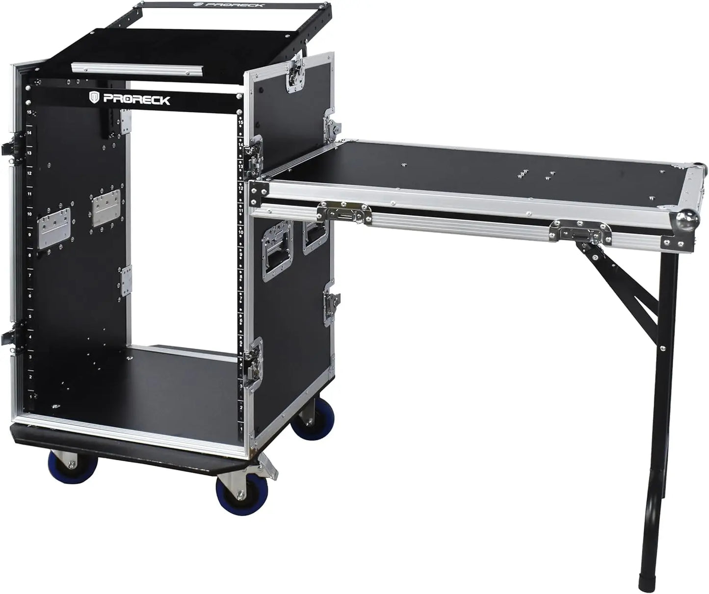 PRORECK 16U Rack/Road Case with Slant Mixer Top, One Side Table and Casters, 20'' Rackable Depth, Plywood, 16U Installation