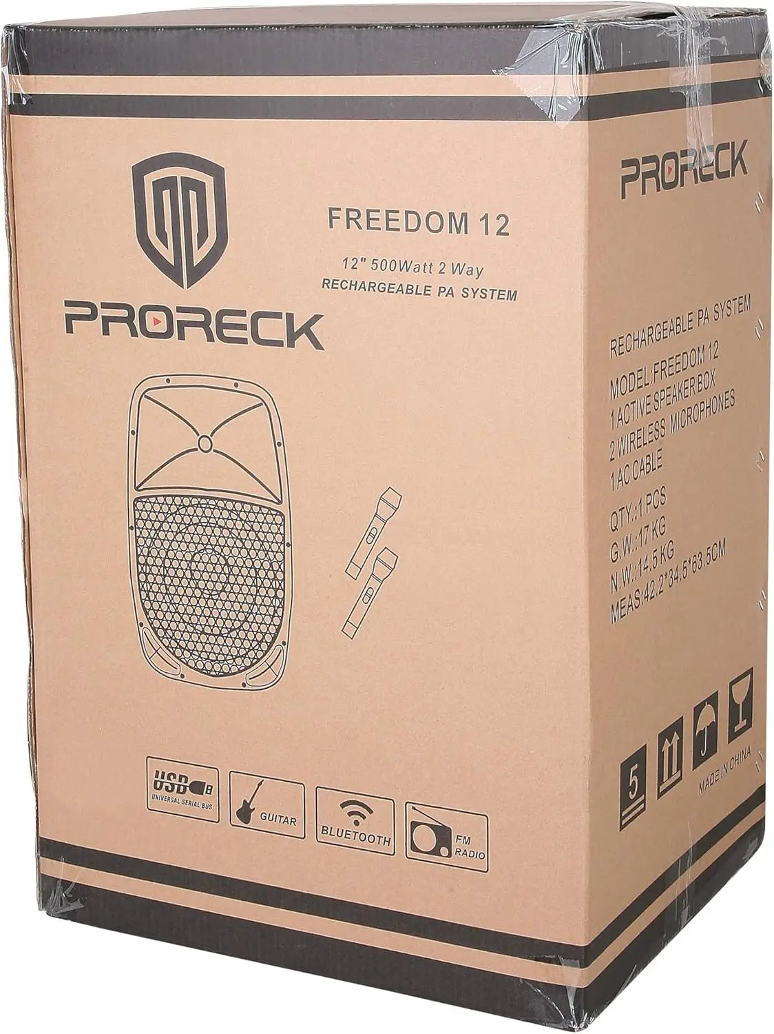 PRORECK freedom12 12" 500W Portable Bluetooth PA Speaker with Rechargeable Battery, USB/SD/FM, Wireless Mics & Remote for Karaok