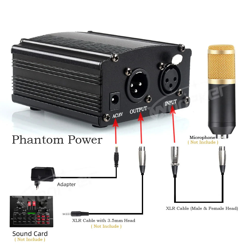 Woopker 48V Phantom Power Supply with XLR Cable for Condenser Microphone BM 800 858 Audio Recording Karaoke Sound Equipment