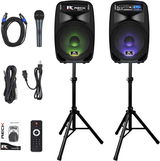 Proreck Dance 15 Portable 15-Inch 2000 Watt 2-Way Powered PA Speaker System Combo Set with Bluetooth/USB/SD Card Reader/FM Radio