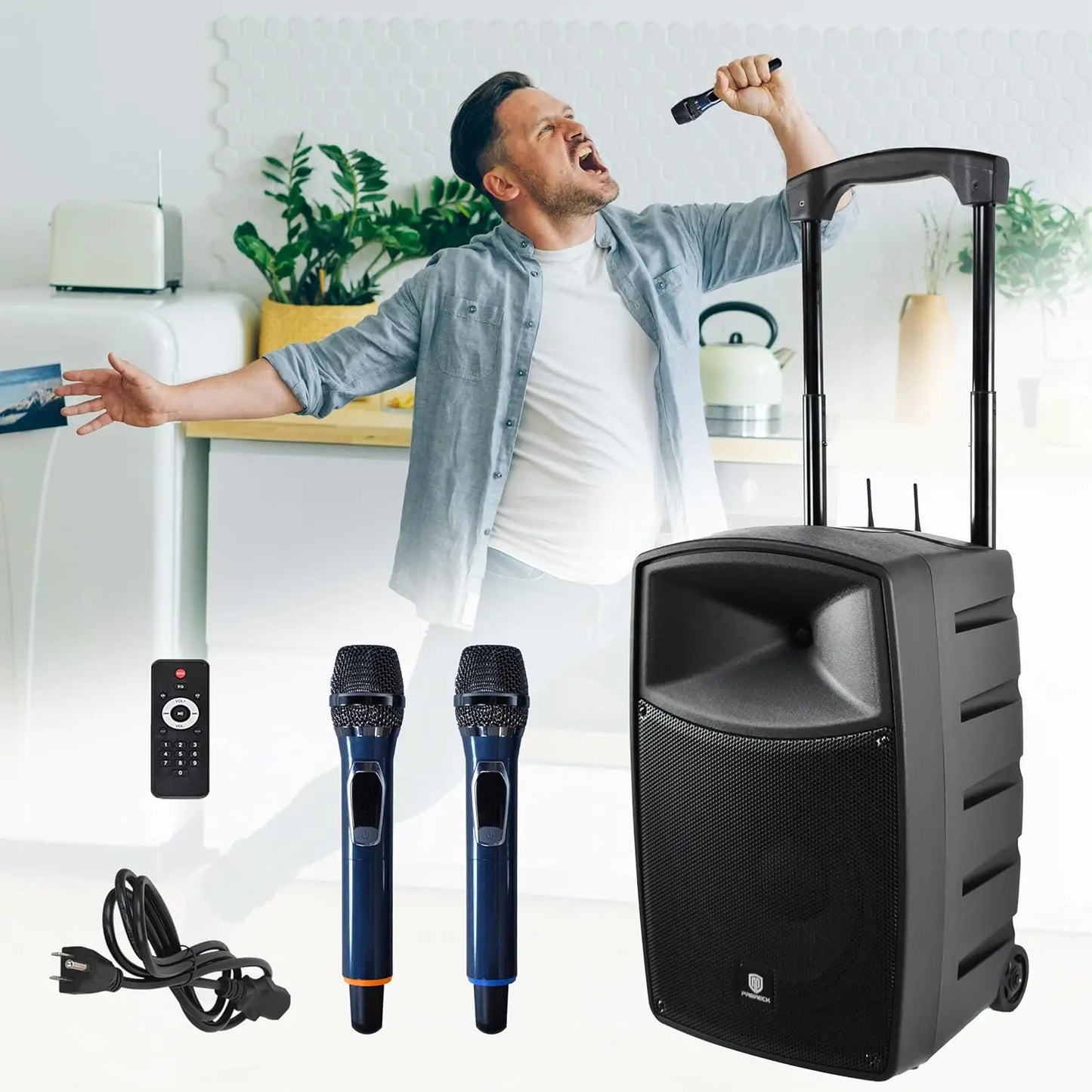 PRORECK 800W 10'' Portable Powered Bluetooth Wireless PA Speaker with 2 Wireless Microphones, Remote Control, Handle and Wheels,