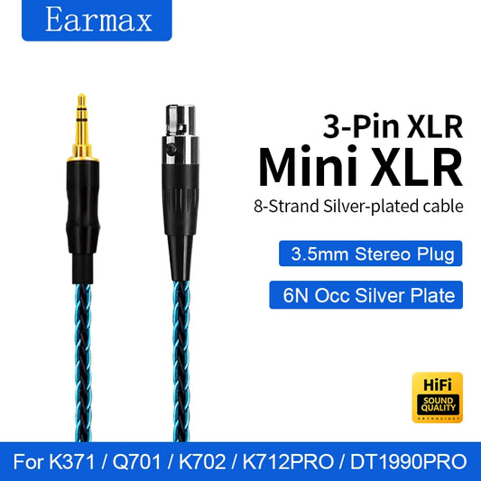 AKG Q701 K240S K712 K371 K245 DT1770PRO 1990PRO 8-strand single crystal silver plated blue black 3-pin mini XLR headphone cable