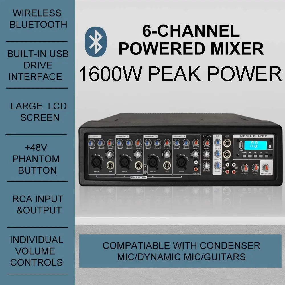 PRORECK MX10 1600W 6-channel Powered Bluetooth Mixer with 10inch Passive Speakers PA System Mixer/Amp/Stands/Mic