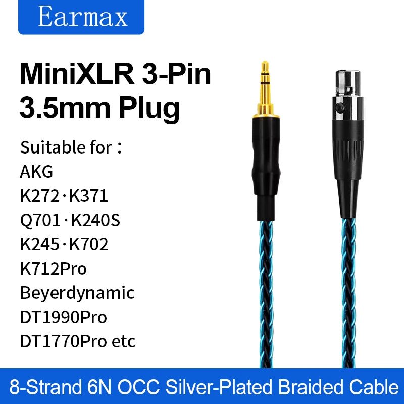 AKG Q701 K240S K712 K371 K245 DT1770PRO 1990PRO 8-strand single crystal silver plated blue black 3-pin mini XLR headphone cable