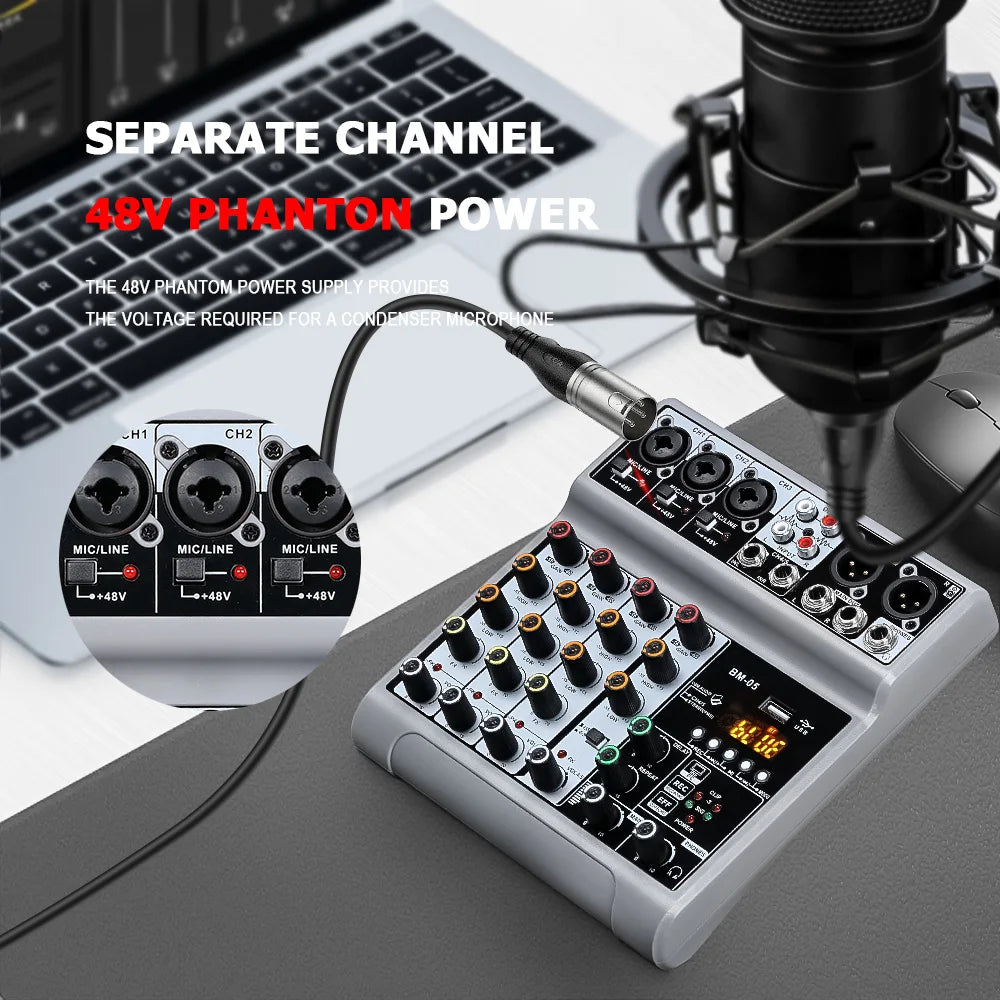 for BM-05 Mini 5 Channel Audio Mixer DJ Controller Mixer De Audio Profecional Mixing Console with USB Bluetooth for Studio