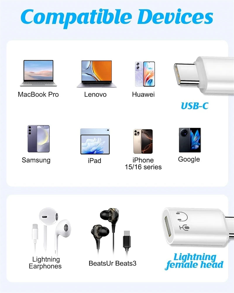 Lightning Female To Type C Audio Headphones Adapter for IPhone 17 16 15 Pro Max IPad MacBook IOS Aux OTG USB C USBC Converter
