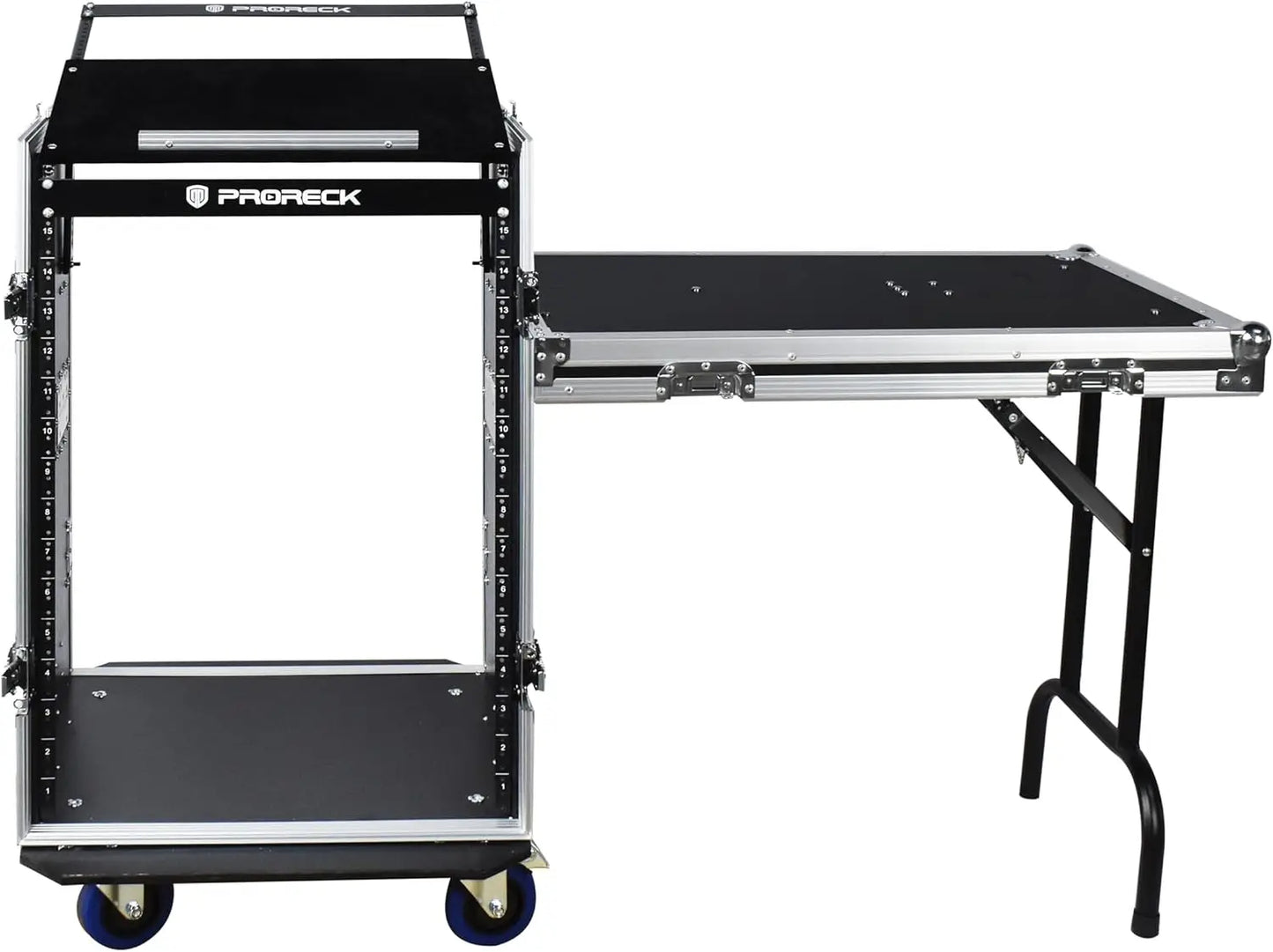 PRORECK 16U Rack/Road Case with Slant Mixer Top, One Side Table and Casters, 20'' Rackable Depth, Plywood, 16U Installation