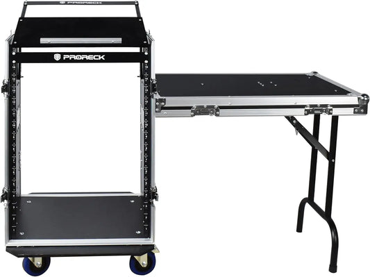 PRORECK 16U Rack/Road Case with Slant Mixer Top, One Side Table and Casters, 20'' Rackable Depth, Plywood, 16U Installation