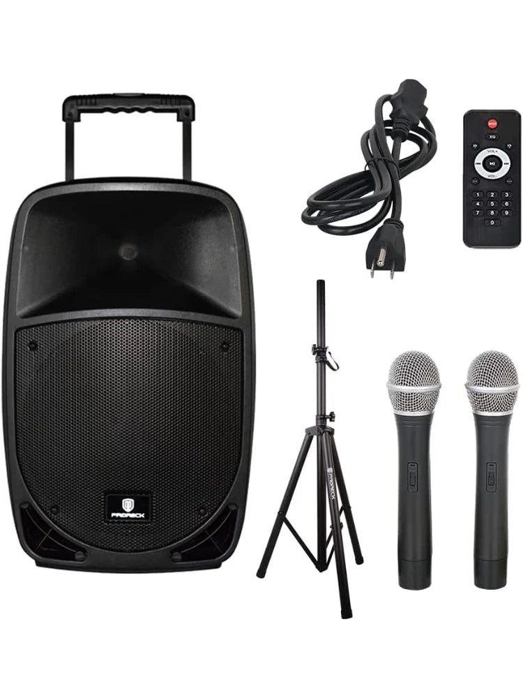 PRORECK freedom12 12" 500W Portable Bluetooth PA Speaker with Rechargeable Battery, USB/SD/FM, Wireless Mics & Remote for Karaok