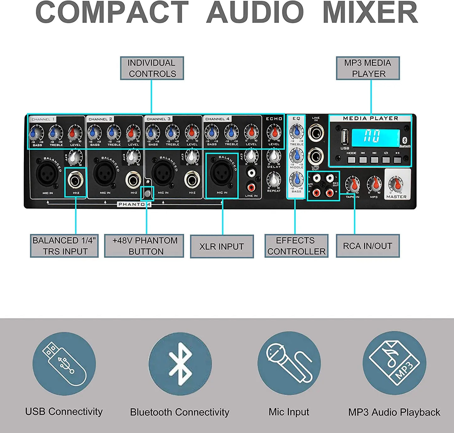 PRORECK MX10 1600W 6-channel Powered Bluetooth Mixer with 10inch Passive Speakers PA System Mixer/Amp/Stands/Mic