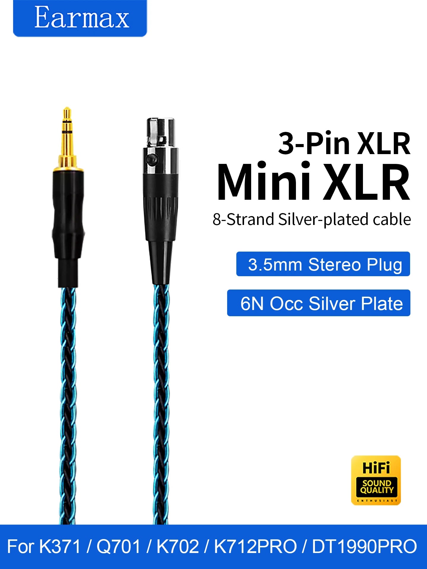 AKG Q701 K240S K712 K371 K245 DT1770PRO 1990PRO 8-strand single crystal silver plated blue black 3-pin mini XLR headphone cable