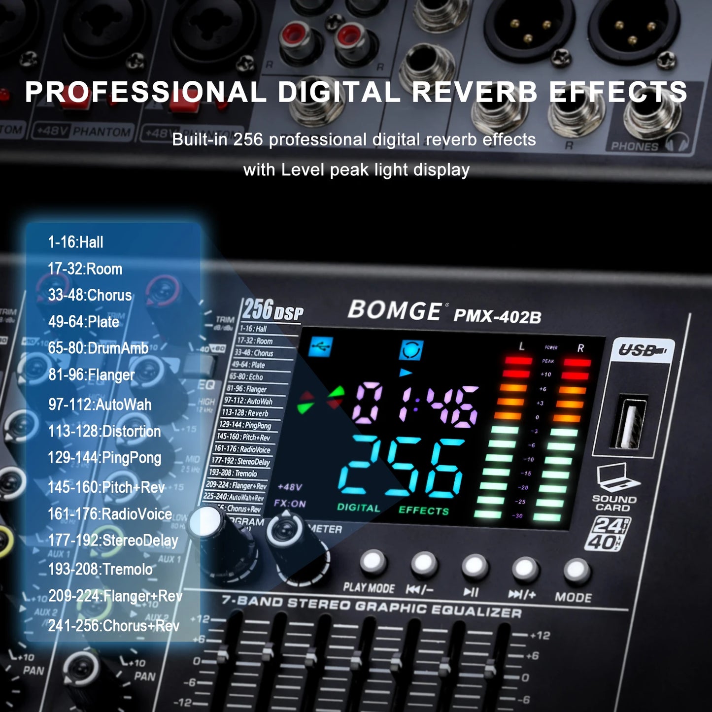 Professional Audio Mixer BOMGE PMX-402B 4-Channel DJ Mixer System Interface 256 Reverb Effects with Amplifier,Bluetooth Function