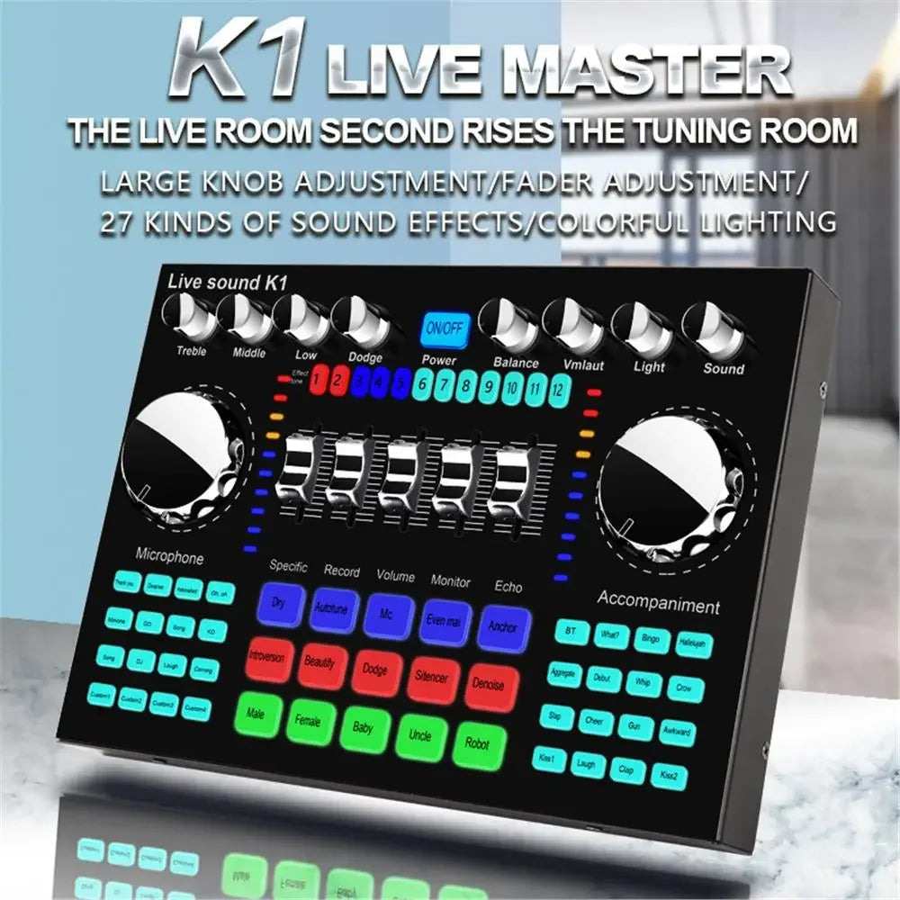 K1 Live Sound Card Voice Changer Pro Audio Mixer Portable Internet Celebrity Live Broadcast for KTV Music Recording Karaoke Sing