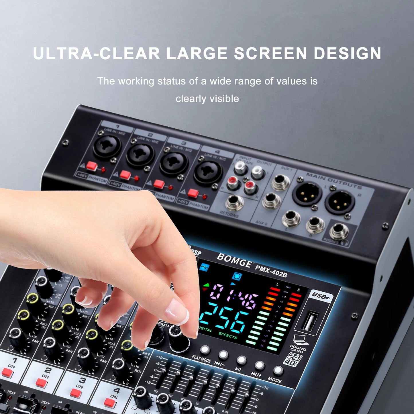 Professional Audio Mixer BOMGE PMX-402B 4-Channel DJ Mixer System Interface 256 Reverb Effects with Amplifier,Bluetooth Function