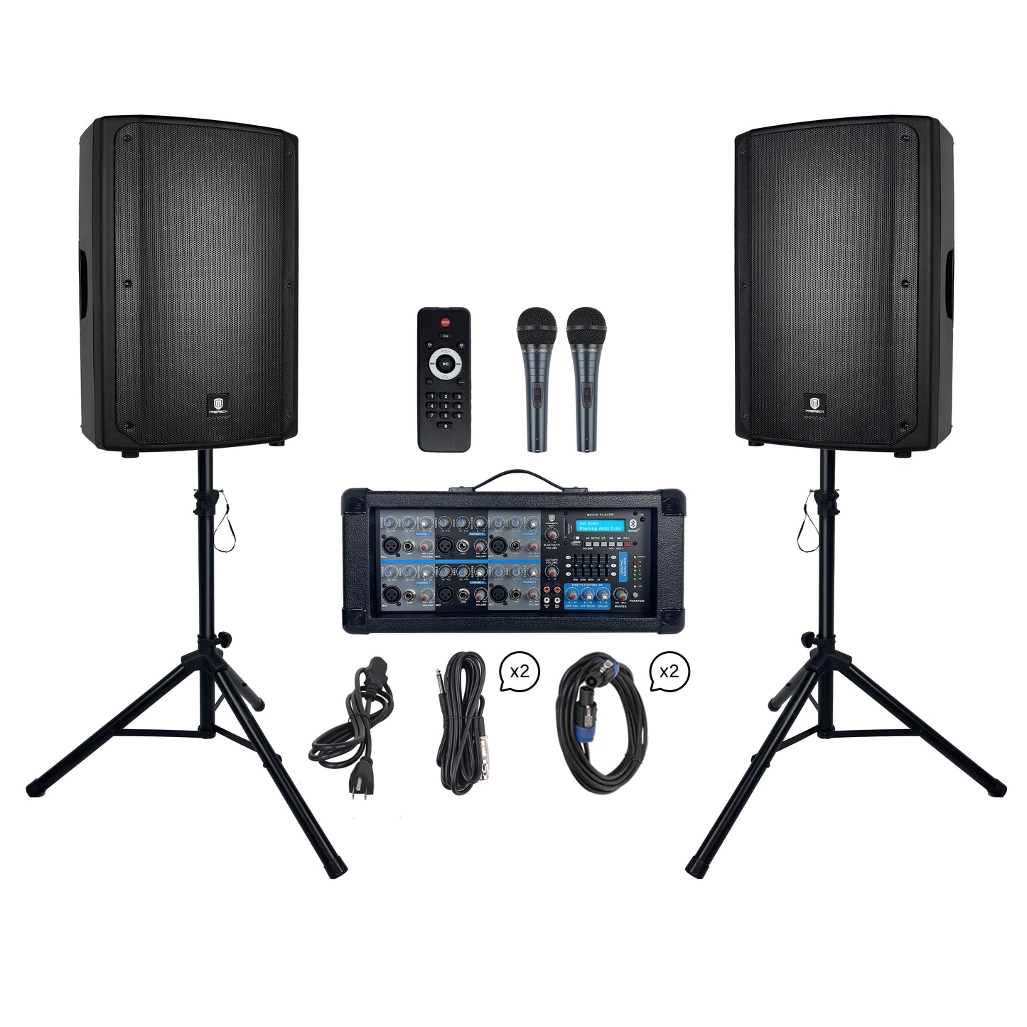 PRORECK Delta 156 2000W Bluetooth PA Speaker System with 8-Channel Powered Mixer, 2 15-Inch Passive Speakers, Stands for DJ BAND