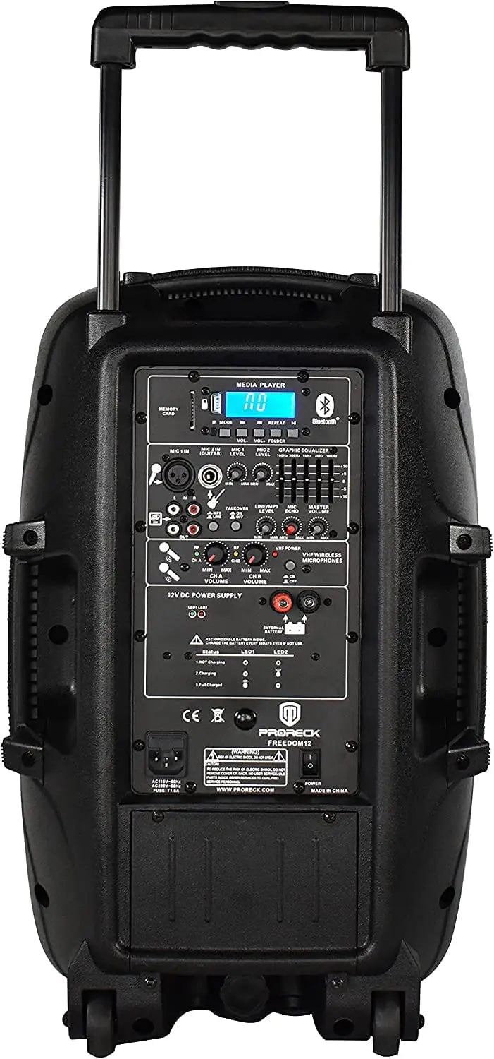 PRORECK freedom12 12" 500W Portable Bluetooth PA Speaker with Rechargeable Battery, USB/SD/FM, Wireless Mics & Remote for Karaok