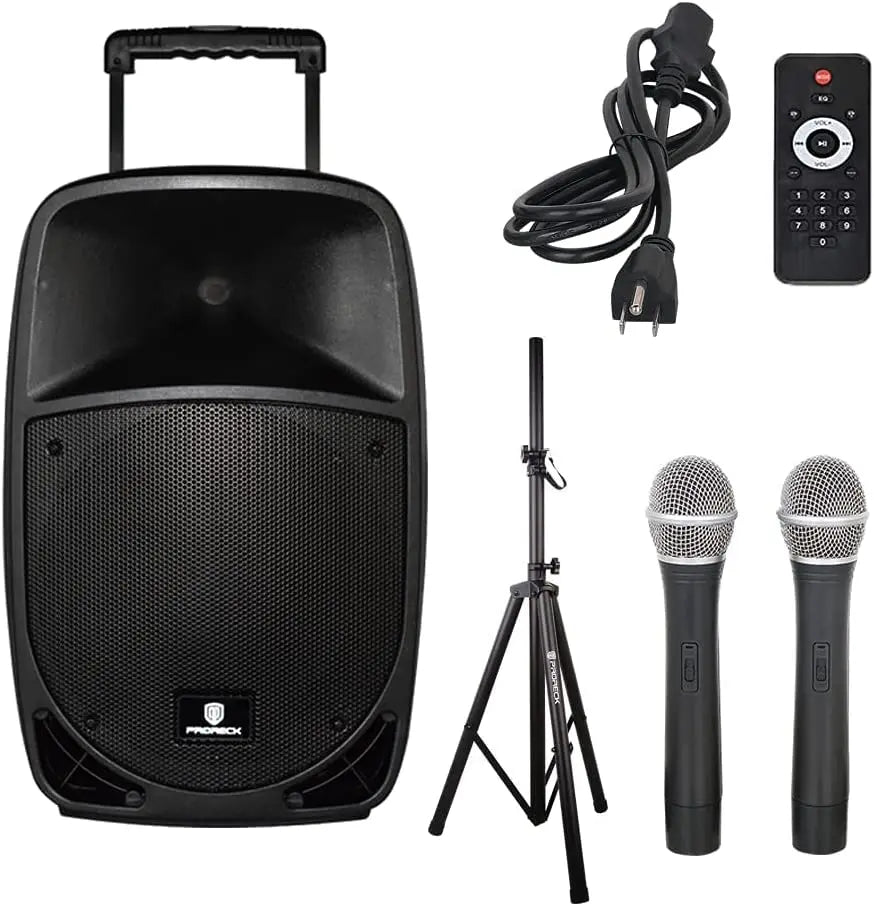 PRORECK freedom12 12" 500W Portable Bluetooth PA Speaker with Rechargeable Battery, USB/SD/FM, Wireless Mics & Remote for Karaok