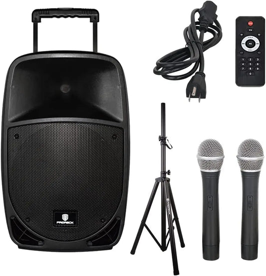 PRORECK freedom12 12" 500W Portable Bluetooth PA Speaker with Rechargeable Battery, USB/SD/FM, Wireless Mics & Remote for Karaok