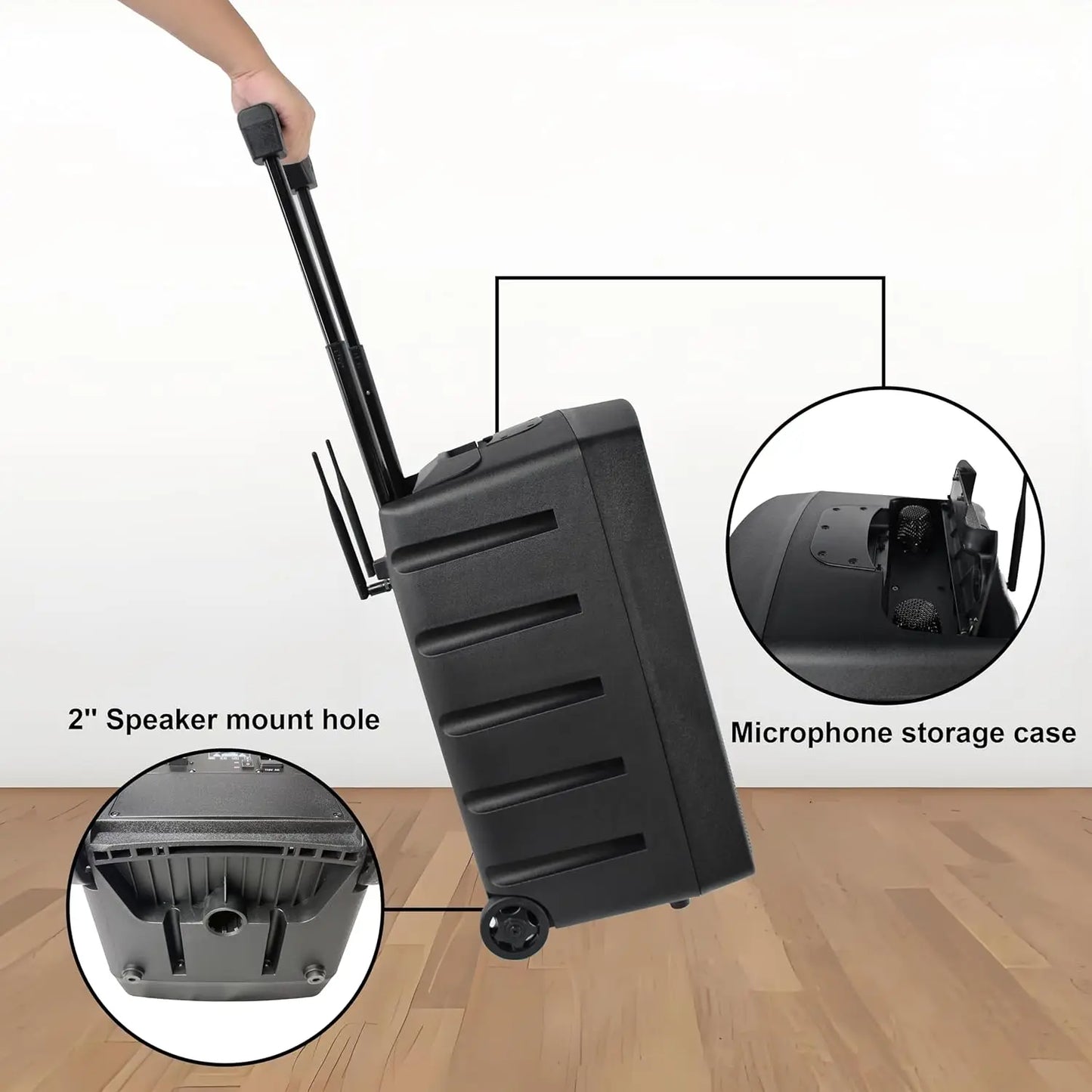 PRORECK 800W 10'' Portable Powered Bluetooth Wireless PA Speaker with 2 Wireless Microphones, Remote Control, Handle and Wheels,