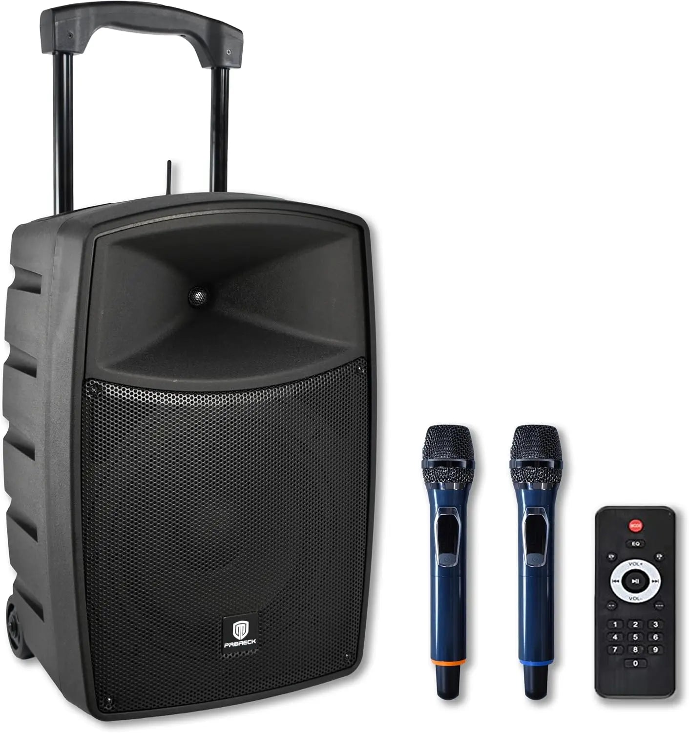 PRORECK 800W 10'' Portable Powered Bluetooth Wireless PA Speaker with 2 Wireless Microphones, Remote Control, Handle and Wheels,