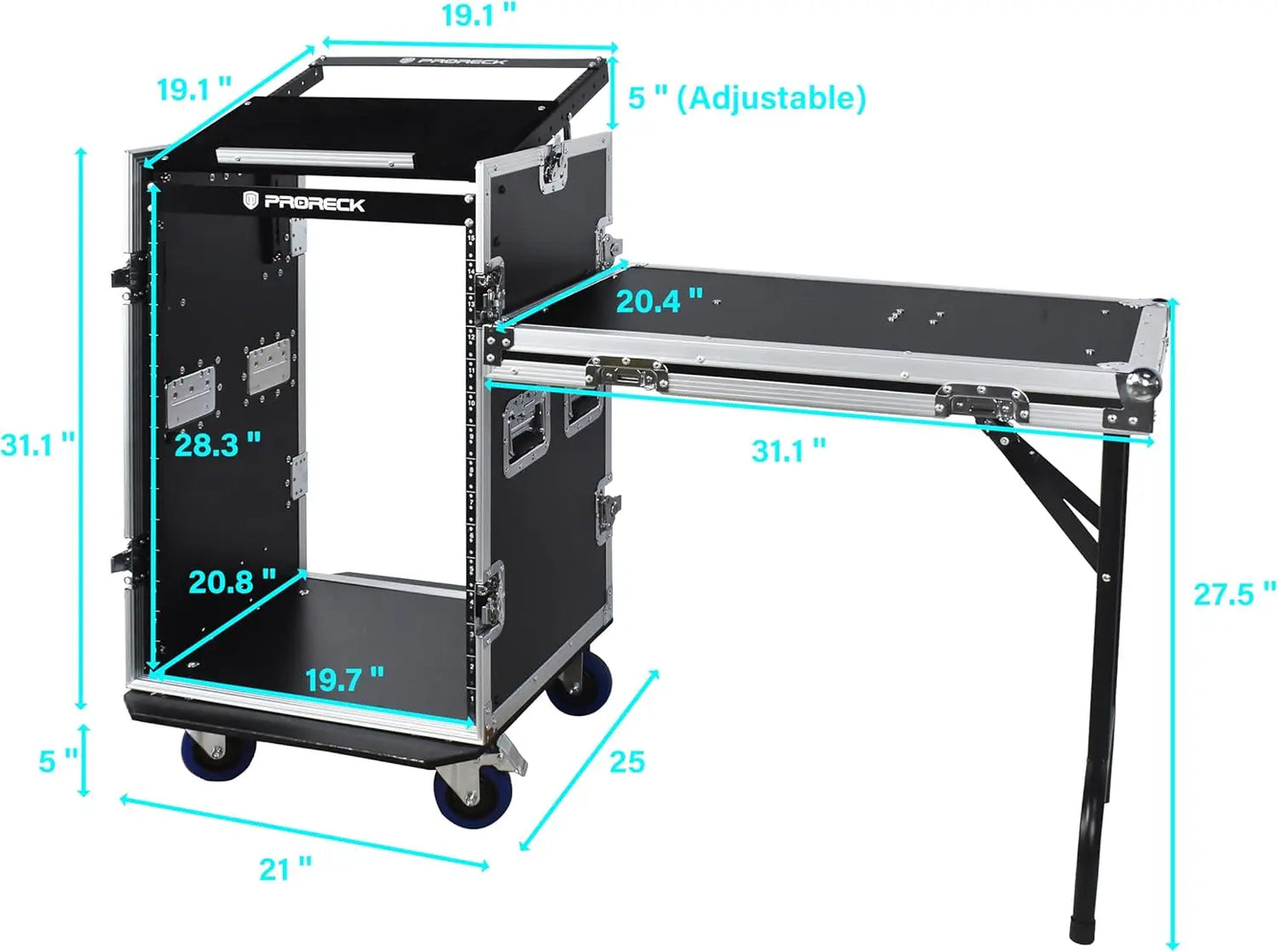 PRORECK 16U Rack/Road Case with Slant Mixer Top, One Side Table and Casters, 20'' Rackable Depth, Plywood, 16U Installation