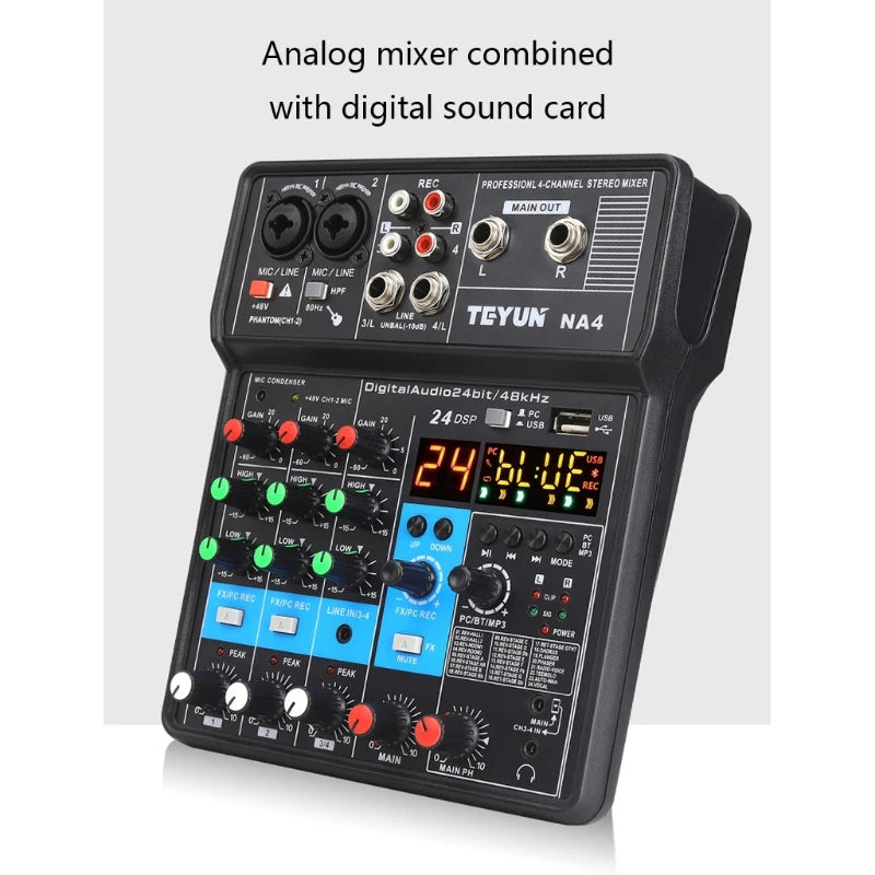 Bluetooth Sem Fio De Usb Do Console De Mistura Do Som Do Misturador Com Placa TEYUN NA4 4 Channel Mini Audio Mixer Sound Card
