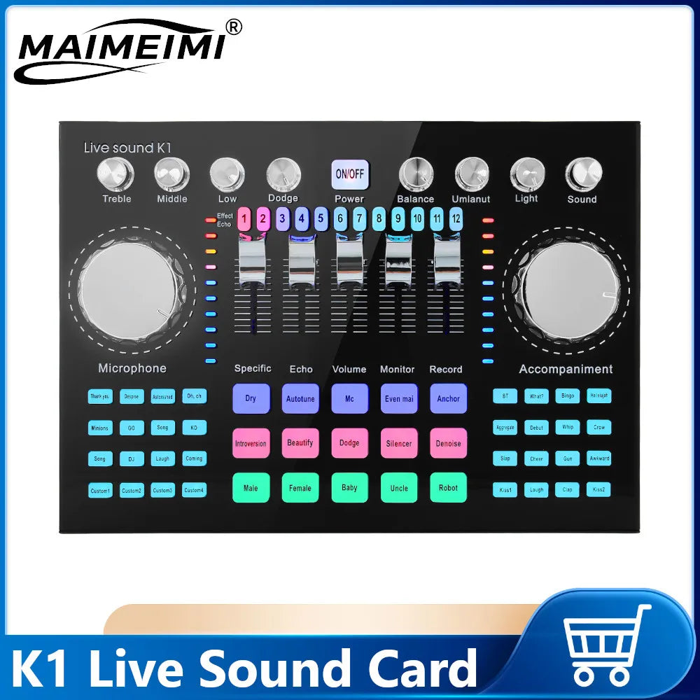K1 Live Sound Card Voice Changer Pro Audio Mixer Portable Internet Celebrity Live Broadcast for KTV Music Recording Karaoke Sing