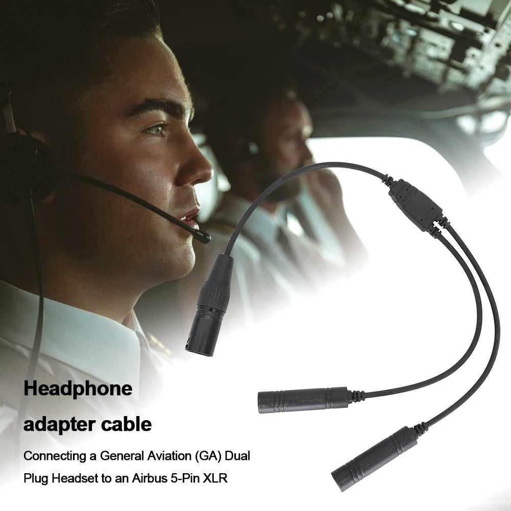 GA Dual Plugs To Airbus 5 Pin XLR Adapter Black Aviation Headphone Cable Universal for Aviation Communication