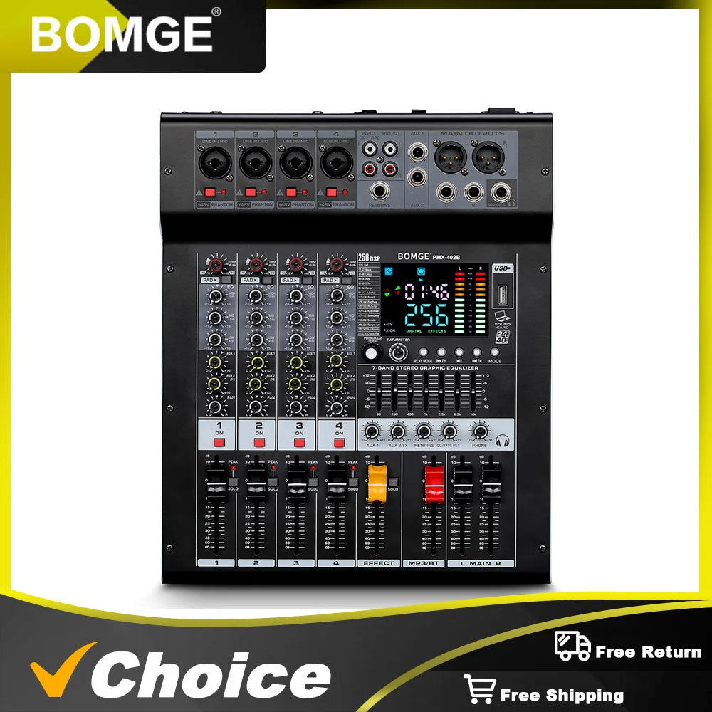 Professional Audio Mixer BOMGE PMX-402B 4-Channel DJ Mixer System Interface 256 Reverb Effects with Amplifier,Bluetooth Function
