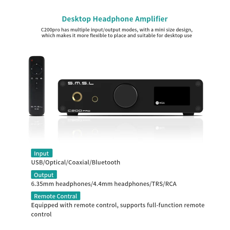 SMSL C200 PRO MQA LDAC DSD512 AptX-HD HIFI Headphone Audio Bluetooth USB DAC AMP Amplifier with Remote Control 4.4MM Balance