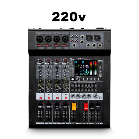 Professional Audio Mixer BOMGE PMX-402B 4-Channel DJ Mixer System Interface 256 Reverb Effects with Amplifier,Bluetooth Function